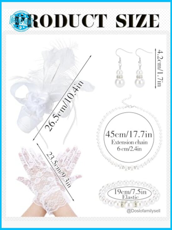 5 Pc Feather Fascinator Set with Gloves Pearl Necklace Bracelet Earrings Derby main image 5